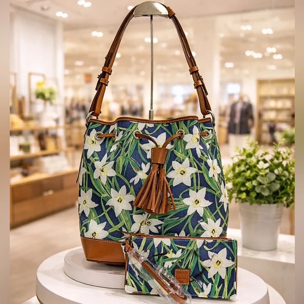 Dooney & Bourke Daffodil Navy Floral Drawstring Bucket Hobo Shoulder Bag Set NWT